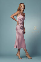 Cowl Neck Satin Open-Back Midi Prom Dress-smcdress