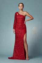 Sequin One-Shoulder Long-Sleeve High-Slit Prom Dress-smcdress