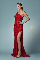 Sequin One-Shoulder Long-Sleeve High-Slit Prom Dress-smcdress