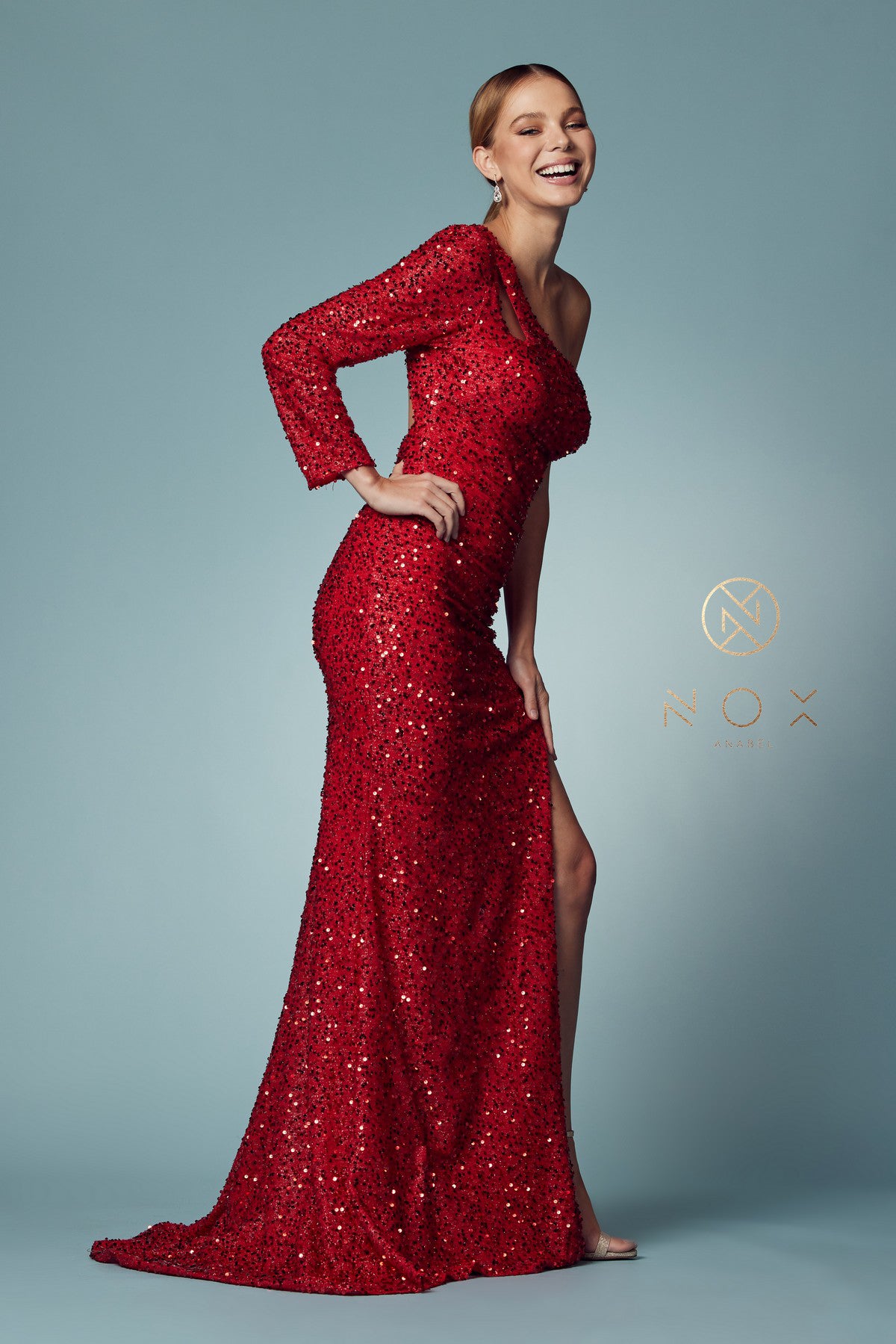 Sequin One-Shoulder Long-Sleeve High-Slit Prom Dress-smcdress