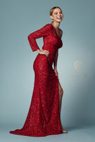 Sequin One-Shoulder Long-Sleeve High-Slit Prom Dress-smcdress