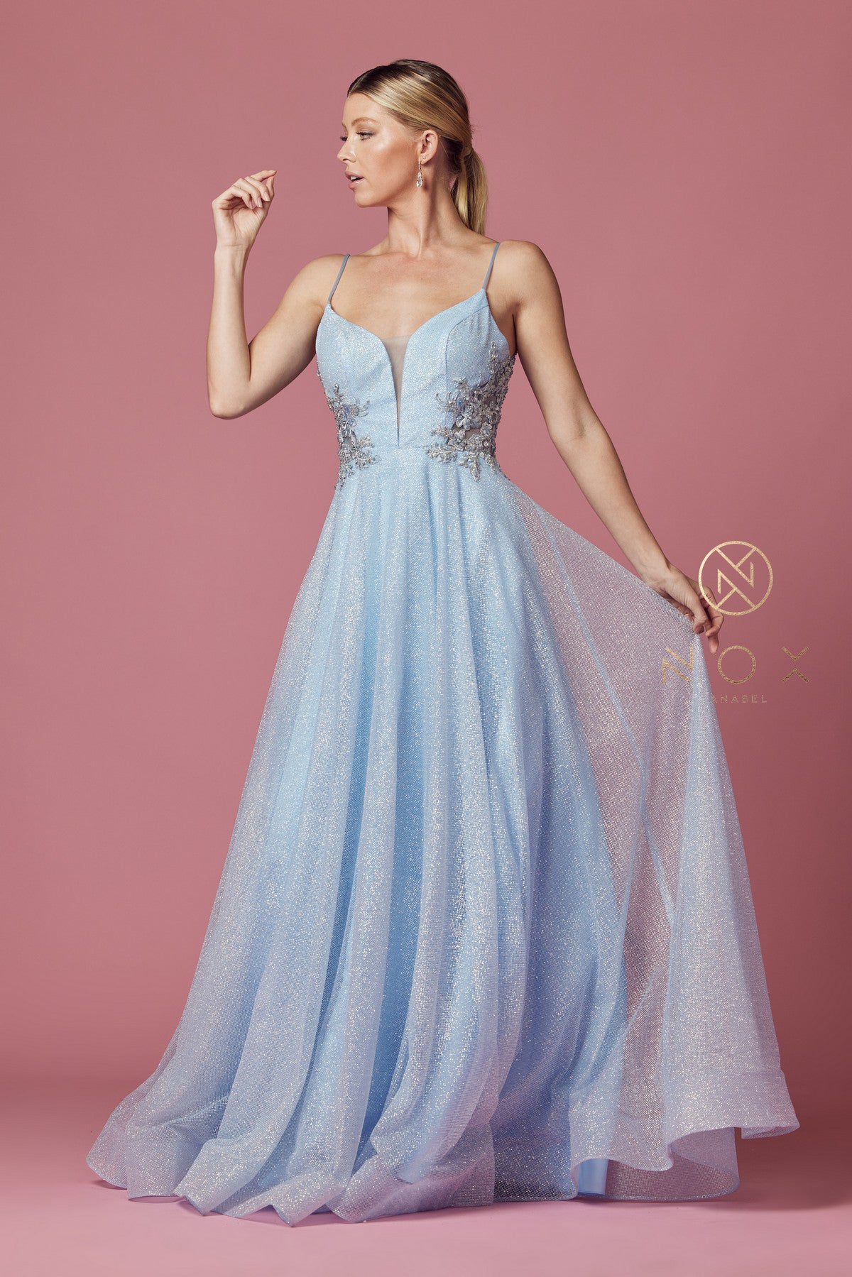 Glitter V-Neck Long Prom Dress-smcdress