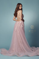 back of the blush light blue long prom dress