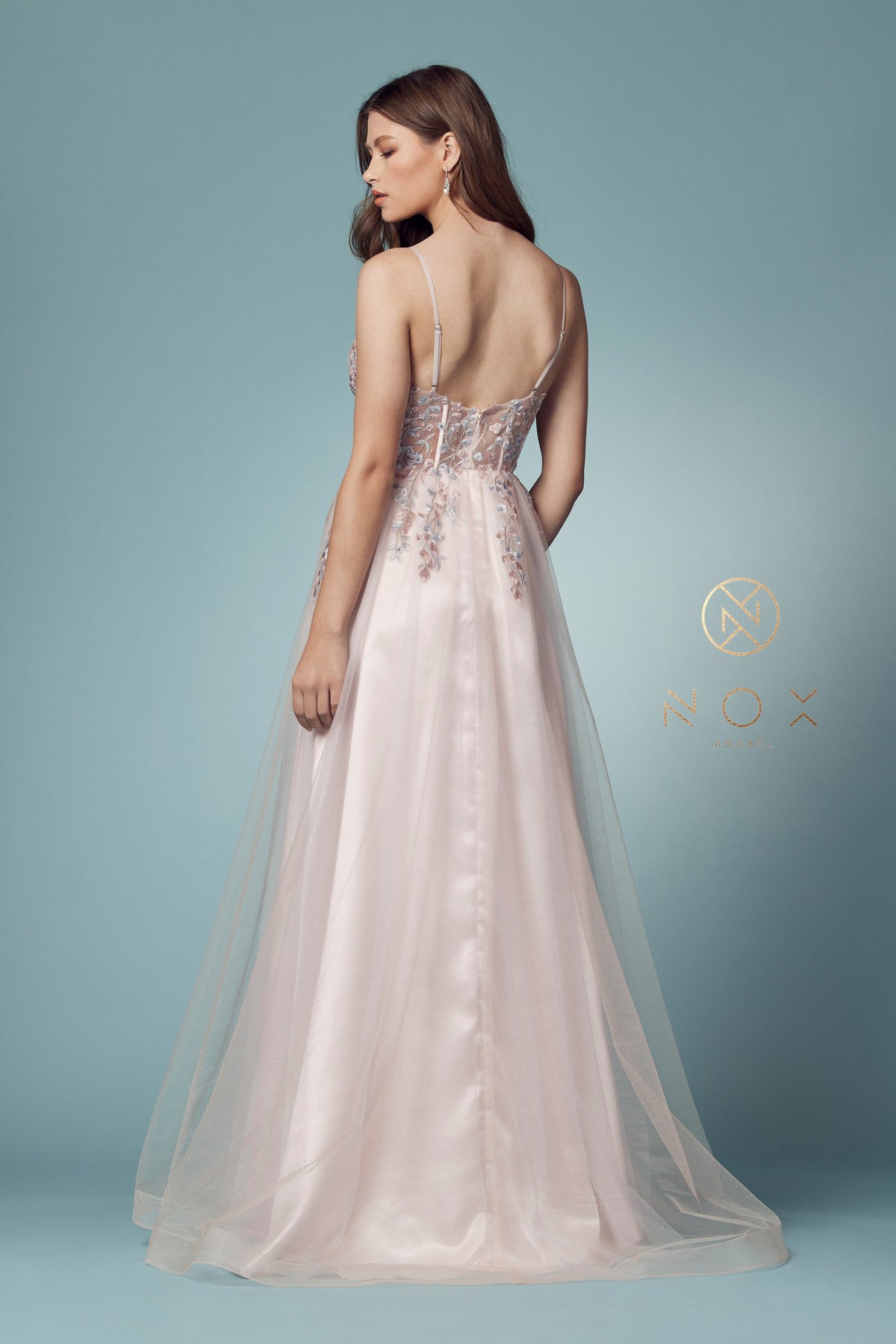 Embroidered Bodice, Open Back, High Slit Long Prom Dress-smcdress