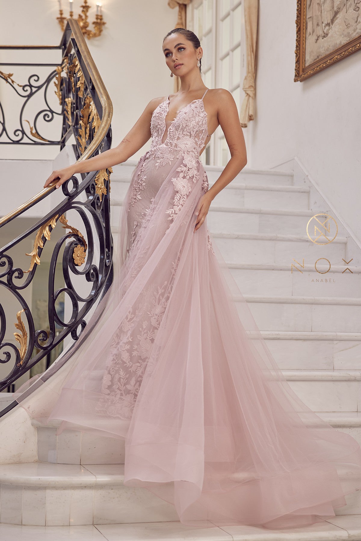 Blush light blue long prom dress