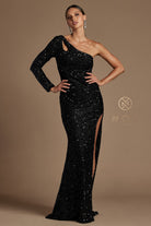 Sequin One-Shoulder Long-Sleeve High-Slit Prom Dress-smcdress