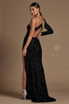 Sequin One-Shoulder Long-Sleeve High-Slit Prom Dress-smcdress