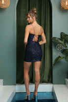 V-Neck Sequin Dress w/ Lace-Up Back-smcdress