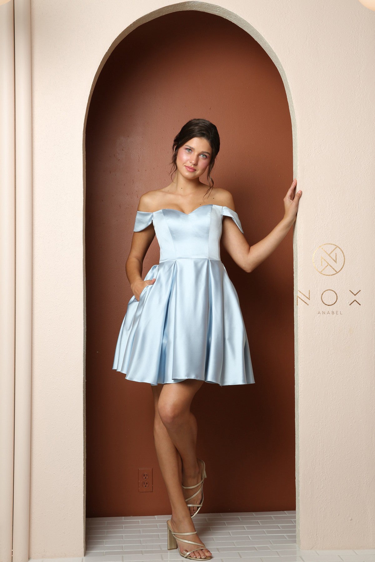 A-Line Off Shoulder Satin Dress With Pocket-smcdress