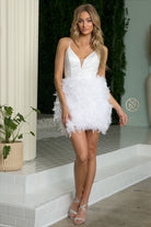 Sequin Bodice Feather Skirt Dress, Plunging Neck Short Cocktail-smcdress