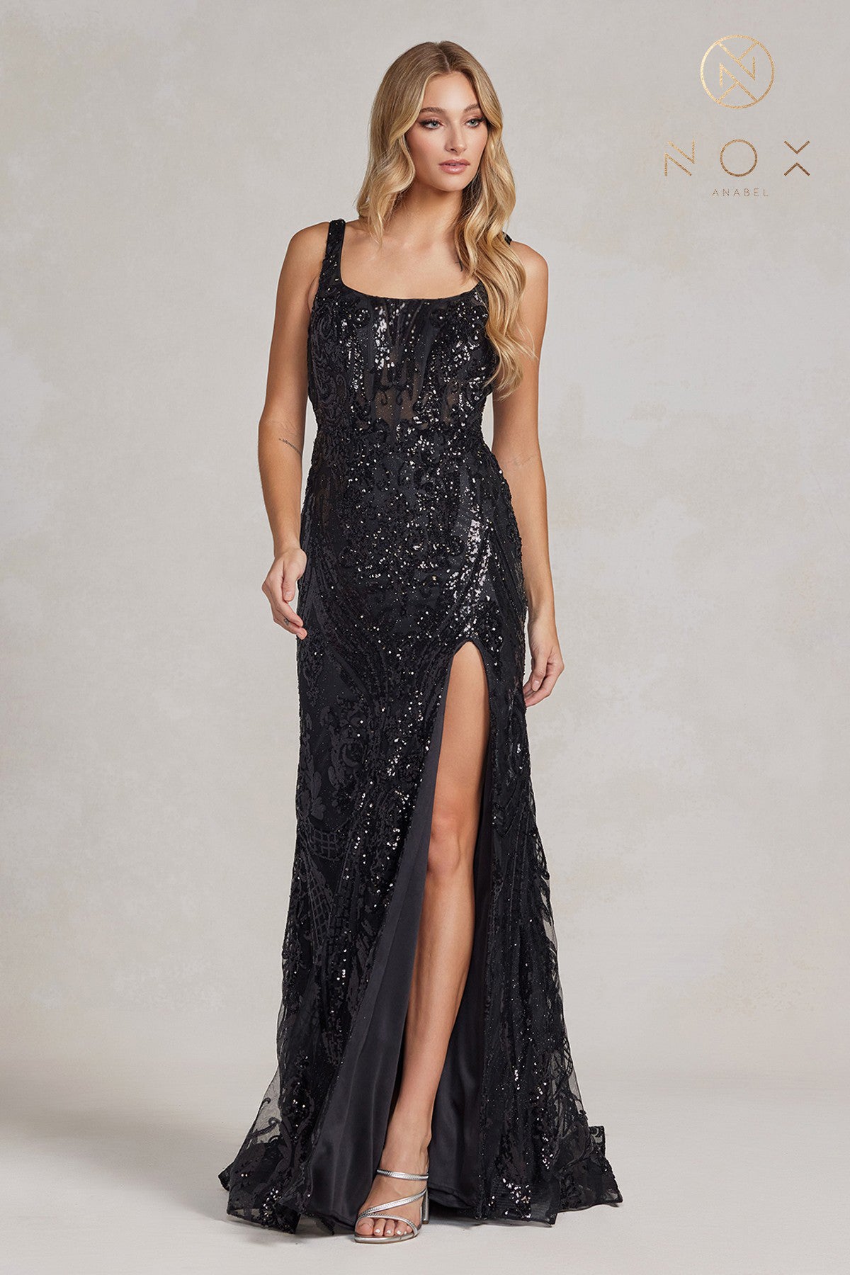 Embroidered Sequin Prom Dress: Square Neck, Side Slit, Long-smcdress