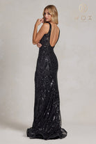 Embroidered Sequin Prom Dress: Square Neck, Side Slit, Long-smcdress