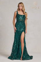 Embroidered Sequin Prom Dress: Square Neck, Side Slit, Long-smcdress