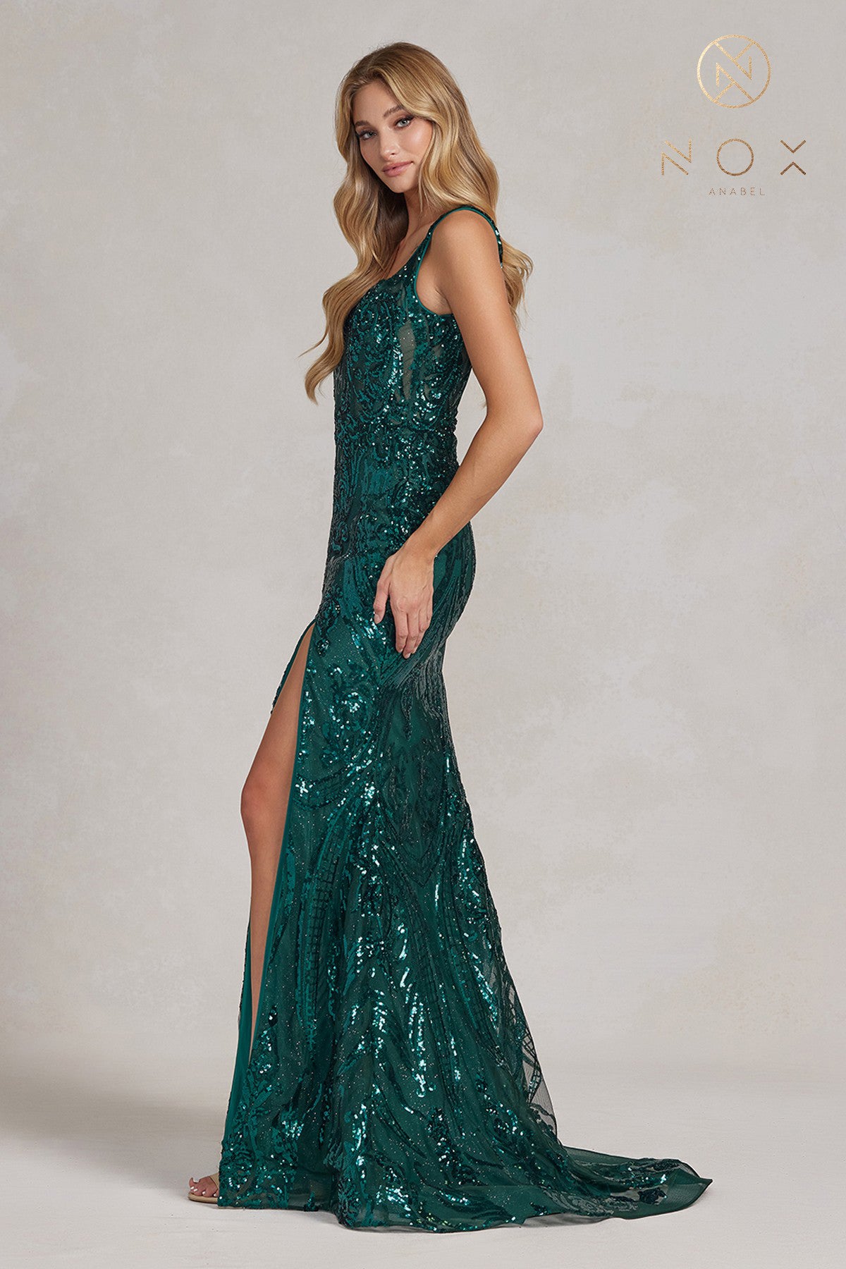 Embroidered Sequin Prom Dress: Square Neck, Side Slit, Long-smcdress