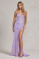 Embroidered, Sequined Appl. Side-Slit Spag.Strap Long Prom Dress-smcdress