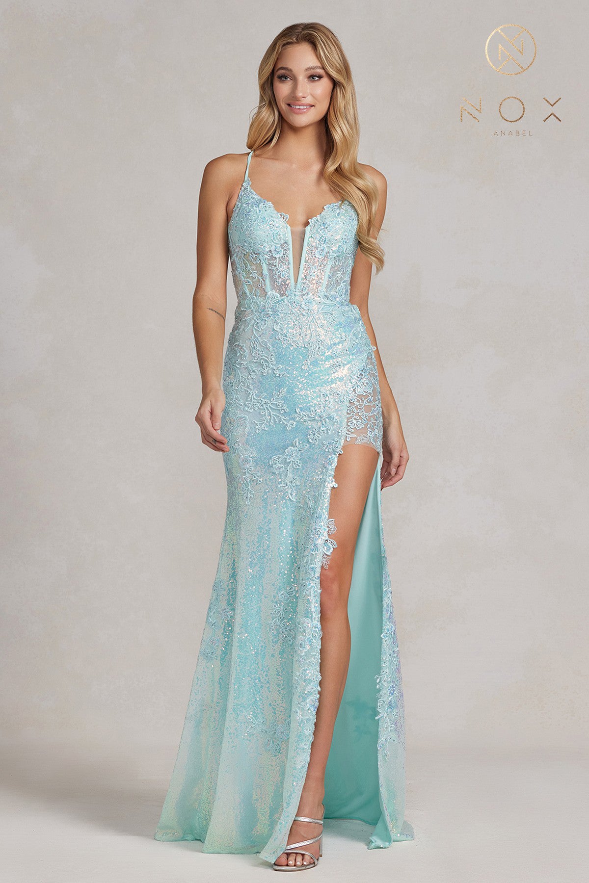 Embroidered, Sequined Appl. Side-Slit Spag.Strap Long Prom Dress-smcdress