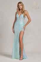 Embroidered, Sequined Appl. Side-Slit Spag.Strap Long Prom Dress-smcdress