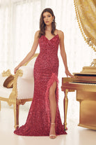 Sequin-Embroidered Long Prom Dress w/ Side Slit & Feather Skirt-smcdress