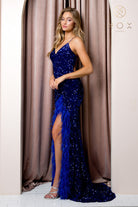 Sequin-Embroidered Long Prom Dress w/ Side Slit & Feather Skirt-smcdress