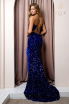 Sequin-Embroidered Long Prom Dress w/ Side Slit & Feather Skirt-smcdress