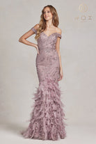 Off-shoulder Sweetheart Mermaid Dress with Feather Embellishment and Open Back-smcdress