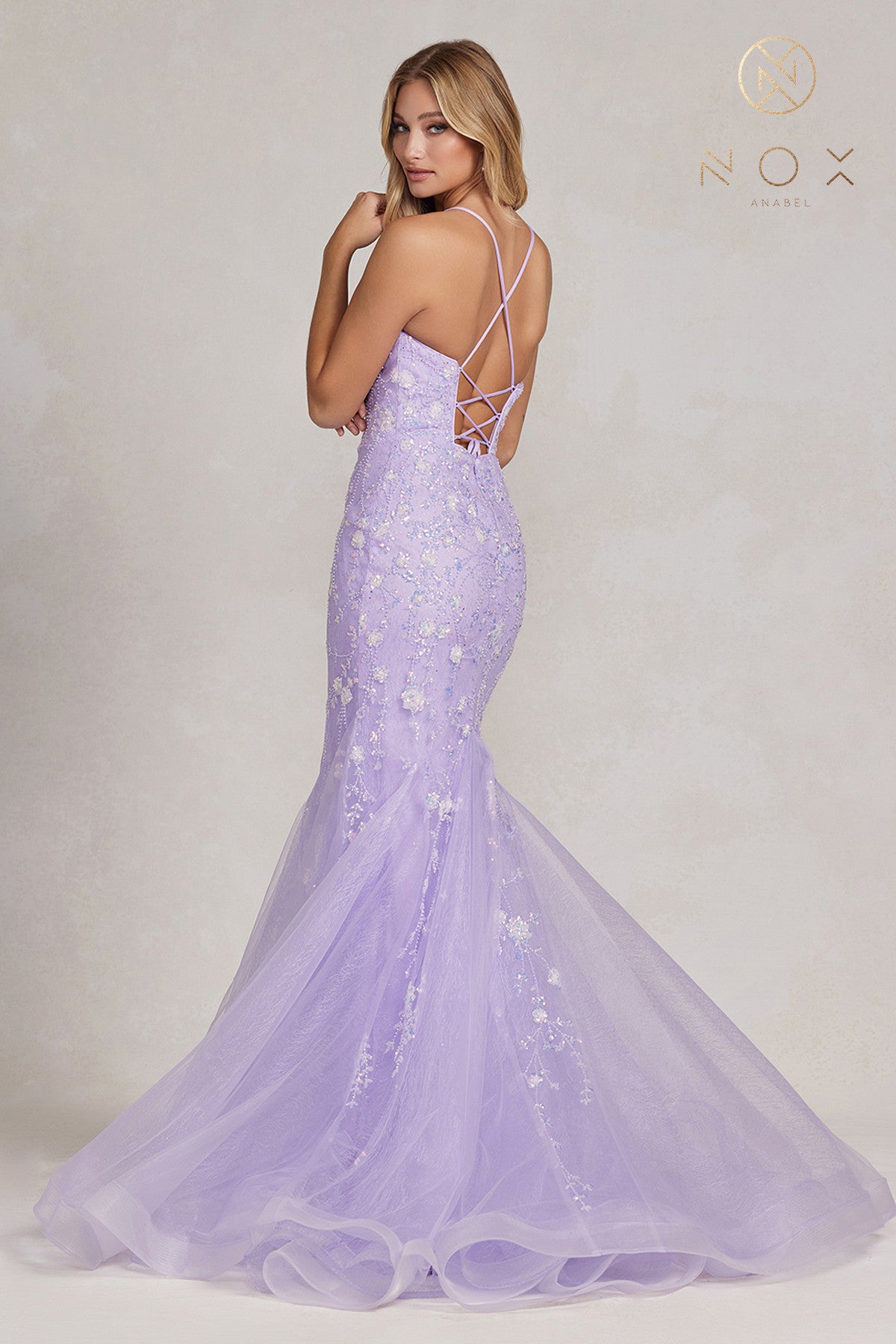 Mermaid Prom Dress, Embroidered Flower Lace, Open Criss Cross Back-smcdress