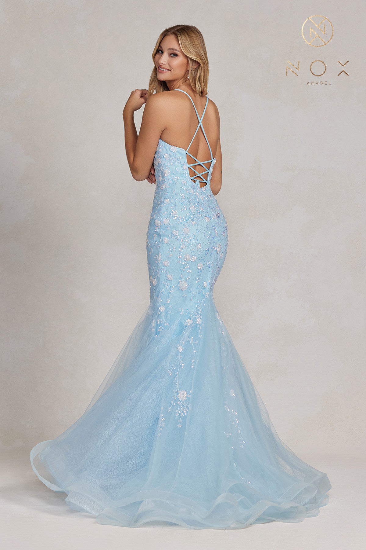 Mermaid Prom Dress, Embroidered Flower Lace, Open Criss Cross Back-smcdress