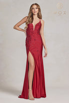 Embroidered V-Neck Evening Dress w/ Open Back Illusion-smcdress