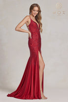 Embroidered V-Neck Evening Dress w/ Open Back Illusion-smcdress