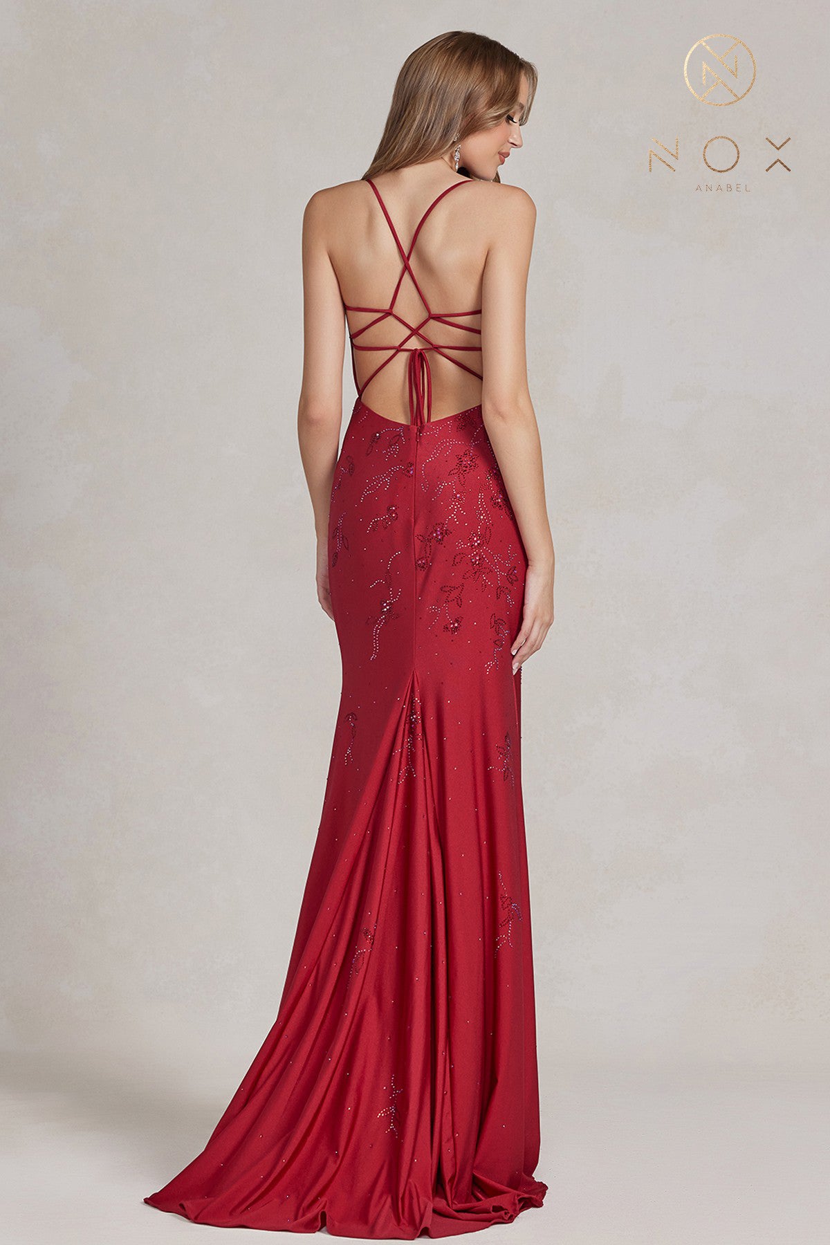 Embroidered V-Neck Evening Dress w/ Open Back Illusion-smcdress