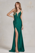 Embroidered V-Neck Evening Dress w/ Open Back Illusion-smcdress