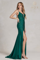 Embroidered V-Neck Evening Dress w/ Open Back Illusion-smcdress