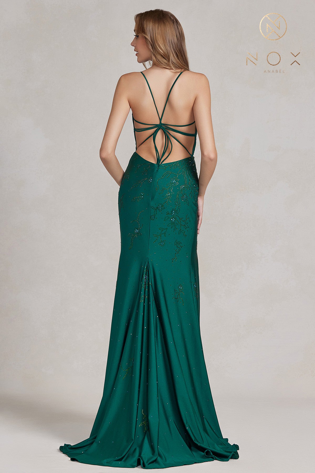 Embroidered V-Neck Evening Dress w/ Open Back Illusion-smcdress