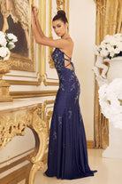 Embroidered V-Neck Evening Dress w/ Open Back Illusion-smcdress