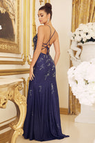 Embroidered V-Neck Evening Dress w/ Open Back Illusion-smcdress