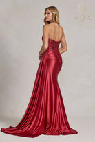 Long Satin Evening Dress with Embroidered Bodice and Side Slit-smcdress