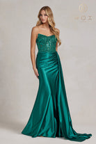 Long Satin Evening Dress with Embroidered Bodice and Side Slit-smcdress