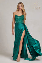 Long Satin Evening Dress with Embroidered Bodice and Side Slit-smcdress