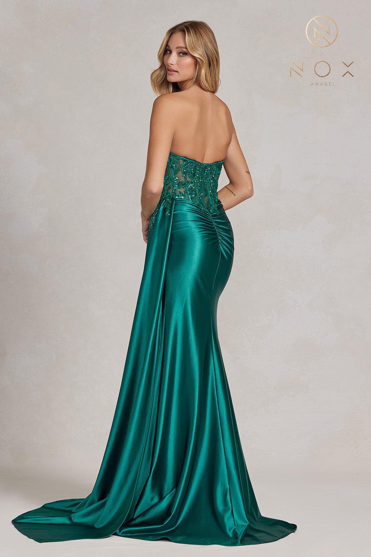 Long Satin Evening Dress with Embroidered Bodice and Side Slit-smcdress