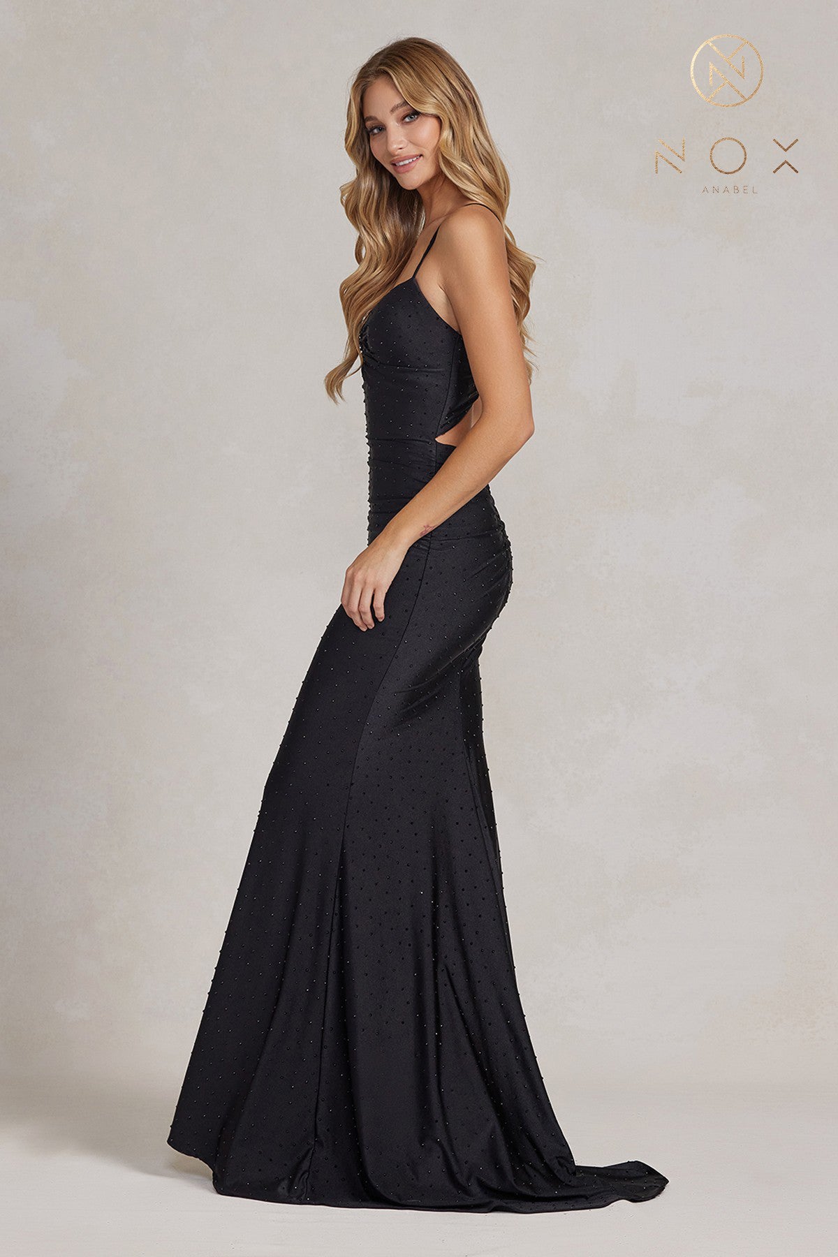 Jewel Illusion V-Neck Dress w/ Open Back-smcdress