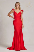 Mermaid Satin Feather Long Prom Dress with Embellishment & Open Back-smcdress