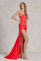 Long Evening Dress w/ Sweetheart Neckline, Side Slit & Criss Cross Back-smcdress