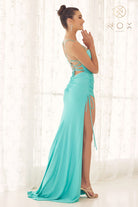 Long Evening Dress w/ Sweetheart Neckline, Side Slit & Criss Cross Back-smcdress