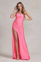 Long Evening Dress w/ Sweetheart Neckline, Side Slit & Criss Cross Back-smcdress