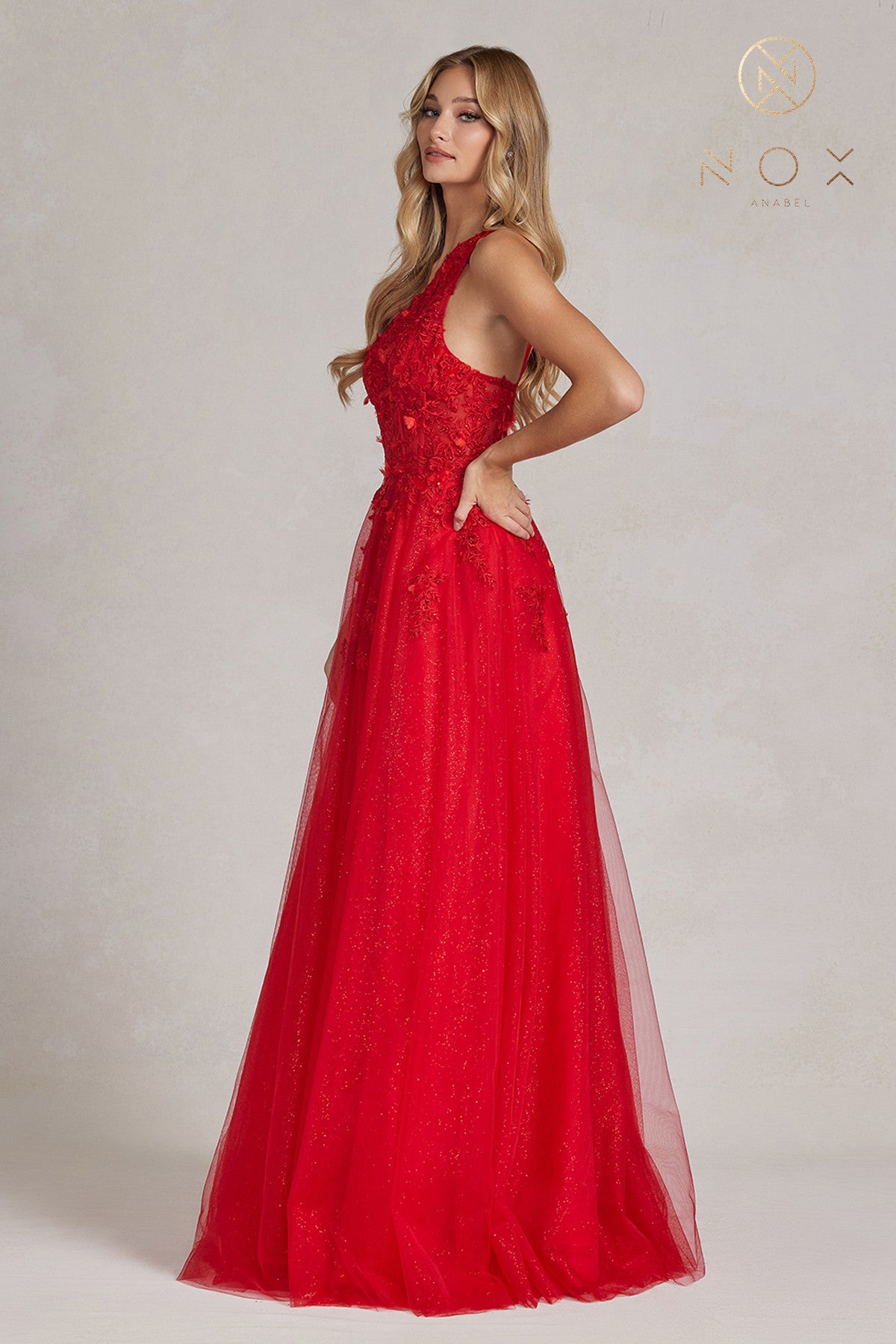 Embroidered A-Line Halter Prom Dress w/Open Back-smcdress