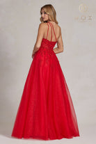 Embroidered A-Line Halter Prom Dress w/Open Back-smcdress