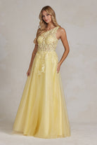 Embroidered A-Line Halter Prom Dress w/Open Back-smcdress