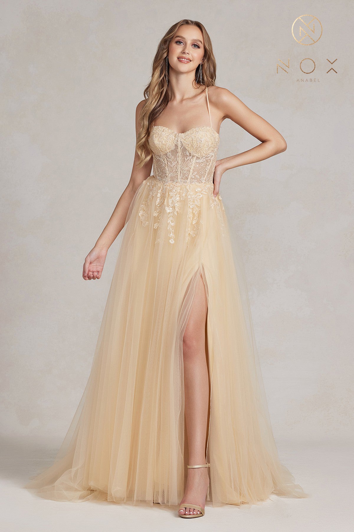 Embroidered Bodice Side Slit Tulle Skirt Long Prom Dress