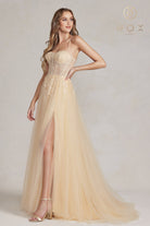 Embroidered Tulle Skirt Long Prom Dress w/ Bodice & Side Slit-smcdress