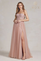 Embroidered Tulle Skirt Long Prom Dress w/ Bodice & Side Slit-smcdress